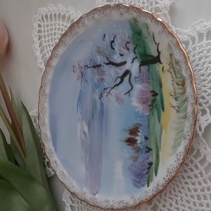Handpainted Blossoming Trees Gold Rim Decorative Porcelain Plate 6" Signed Vtg